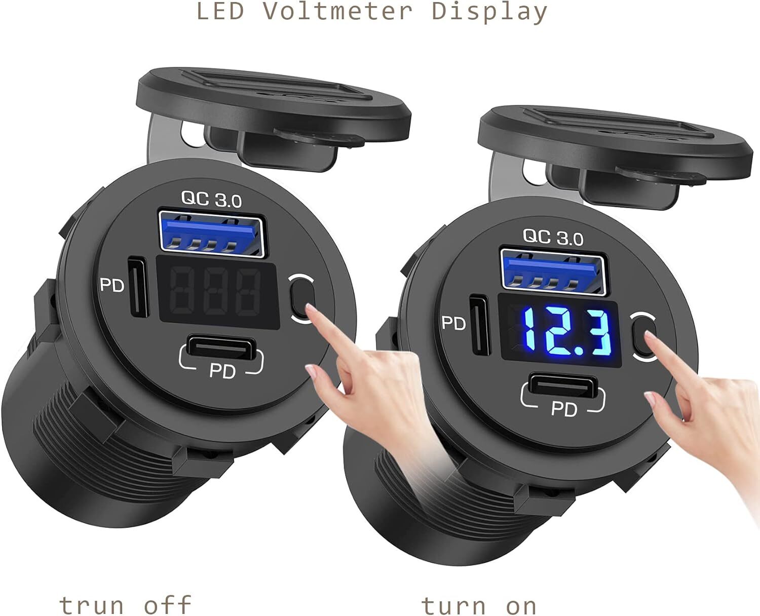 12-24V Dual USB Quick Charge 3.0 Port & PD USB C Car Charger Socket w/ Voltmeter