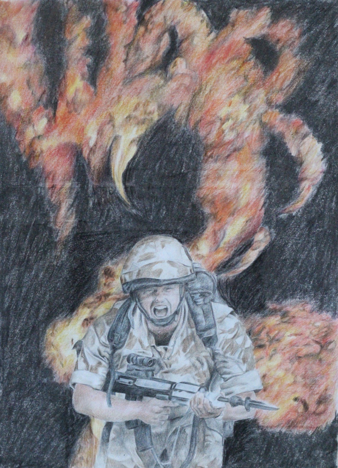 War Original Colouring Pencil Drawing On Paper A3