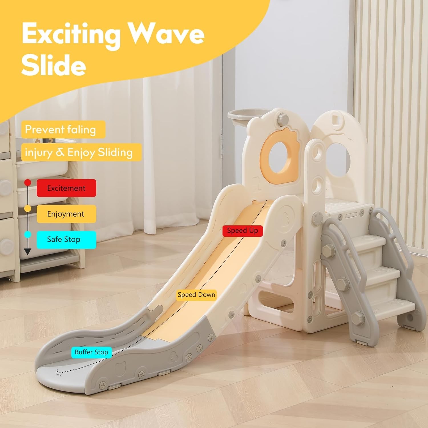 Freestanding Toddler Slide 5 in 1 Kid Playset for Age 1-3 L Shaped with Hoop