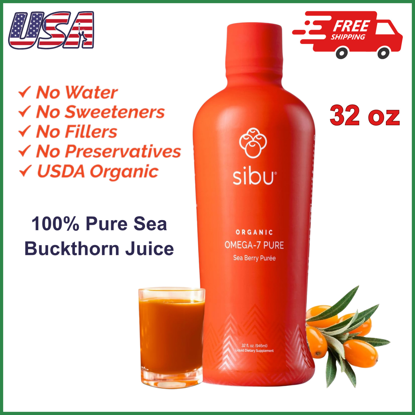 Omega-7 100% Pure Sea Buckthorn Juice, Organic, Skin & Wellness Support, 32 oz