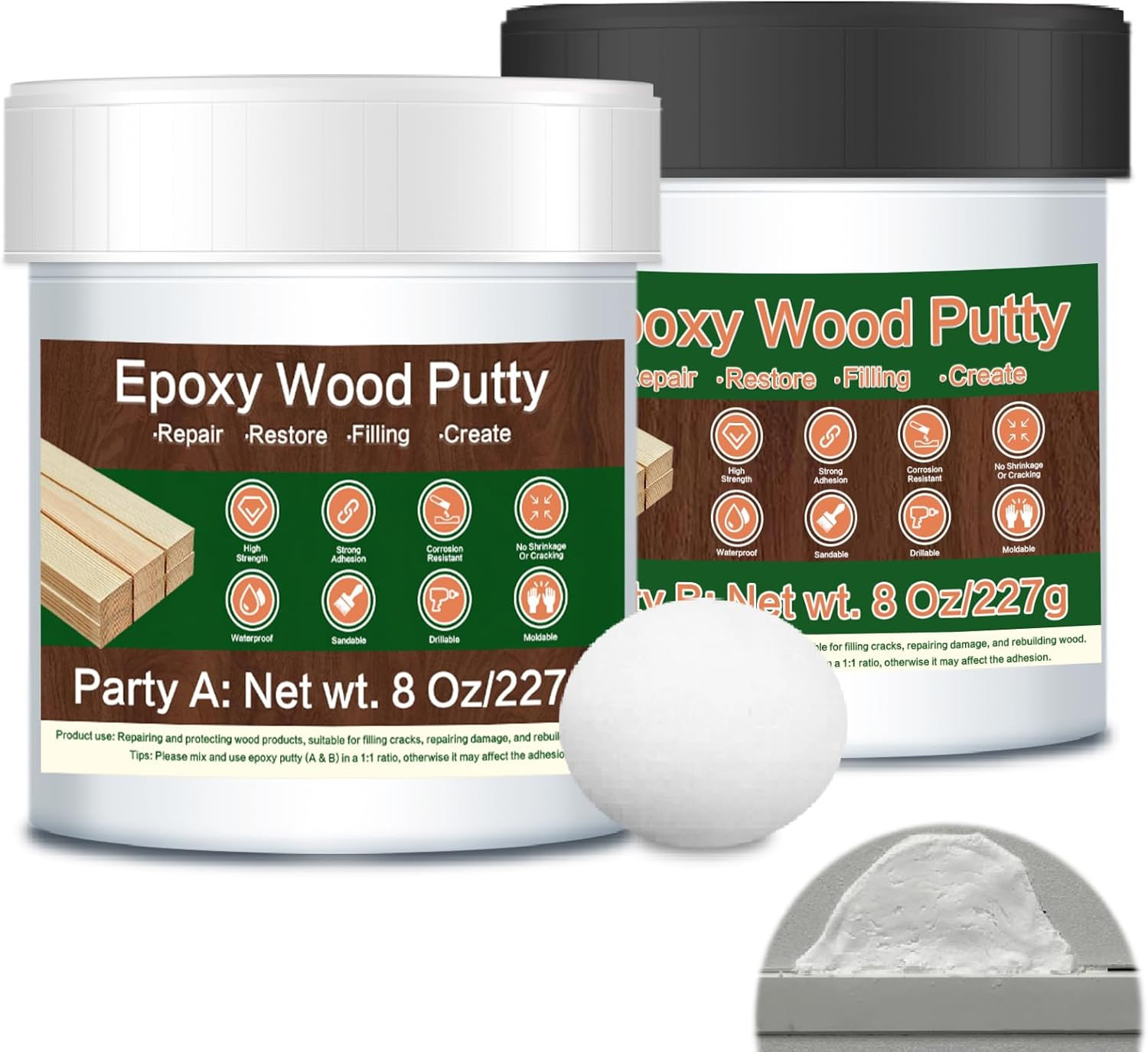 Epoxy Putty - 16 Oz White Epoxy Wood Filler, 2-Part Stainable Structural Filler