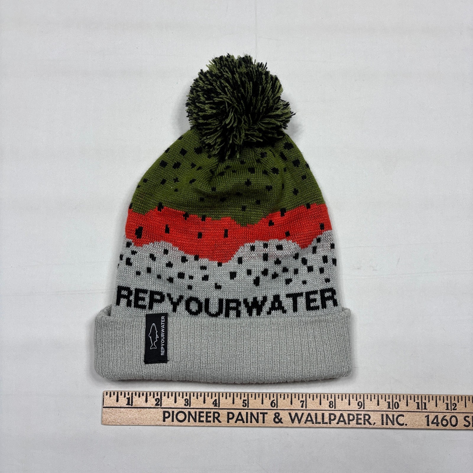 RepYourWater Rainbow Trout Skin Pom Beanie Hat Fly Fishing Adult OS RYW