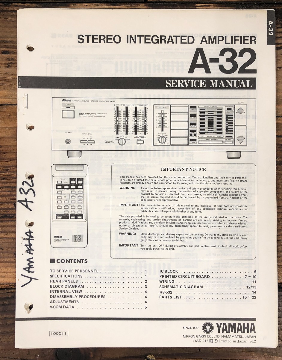 Yamaha A-32 Amplifier Owners / User Manual *Original*