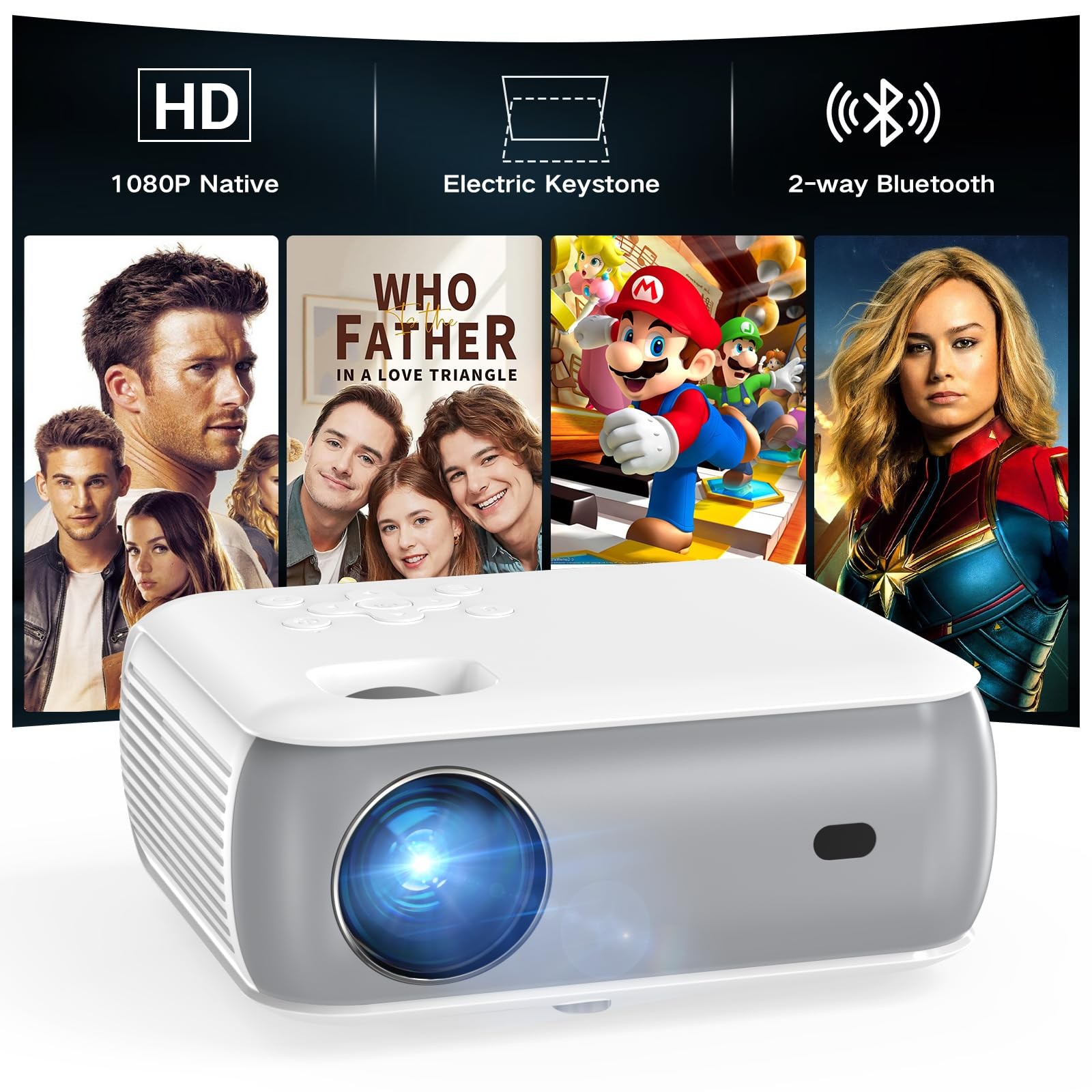 Native 1080P Bluetooth Projector, Home Theater Movie Mini Portable Projector ...