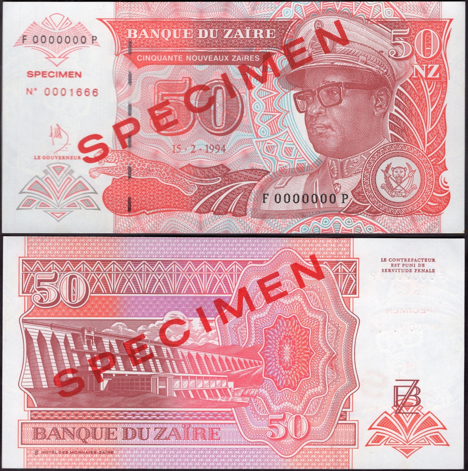 Zaire. 50 New Zaires Specimen 1994 (WPM 59S) F000000P 000166 pressed VF-EF.