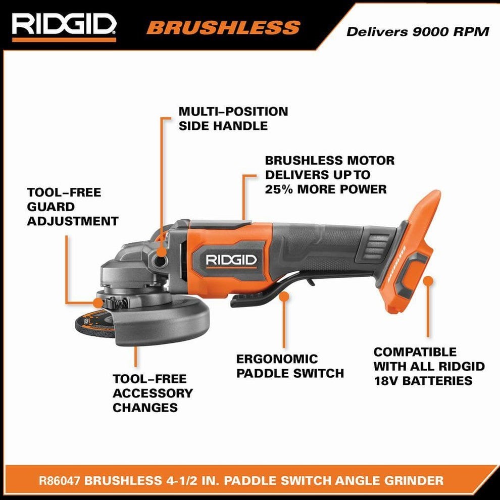 Ridgid R86047B 18V Brushless 4-1/2" Paddle Switch Angle Grinder (Tool Only)