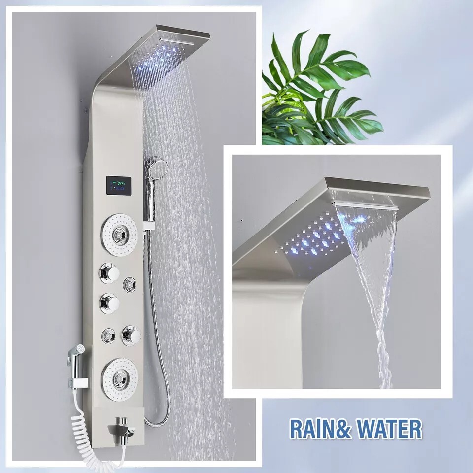 Stainless Steel LED Rain Waterfall Shower Panel Tower Column System Massage Jets