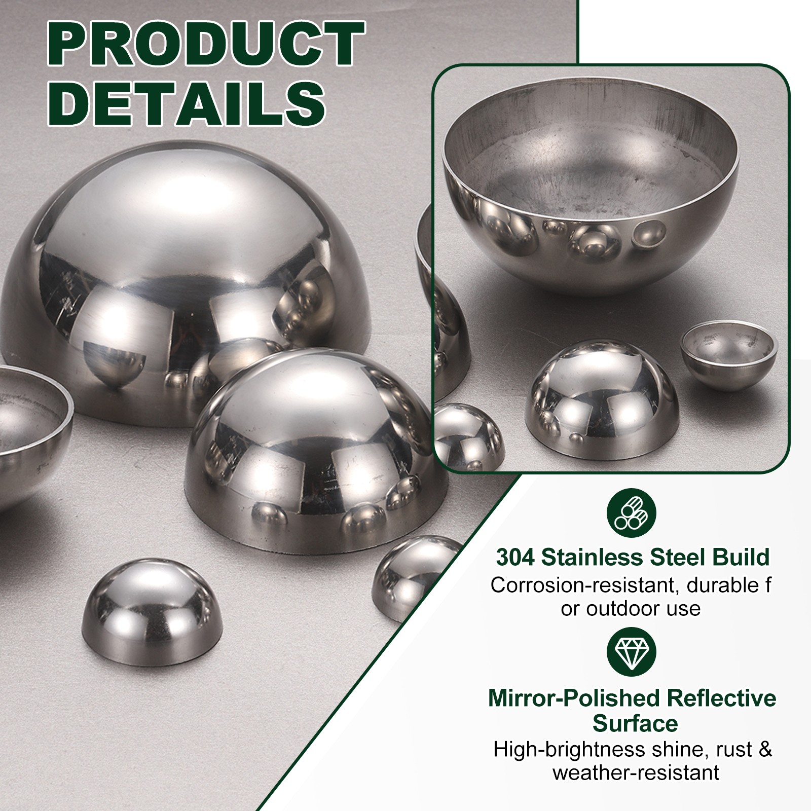 3pcs 59.5mm(2.3") OD 304 Stainless Steel Hollow Mirror Polished Hemisphere Ball