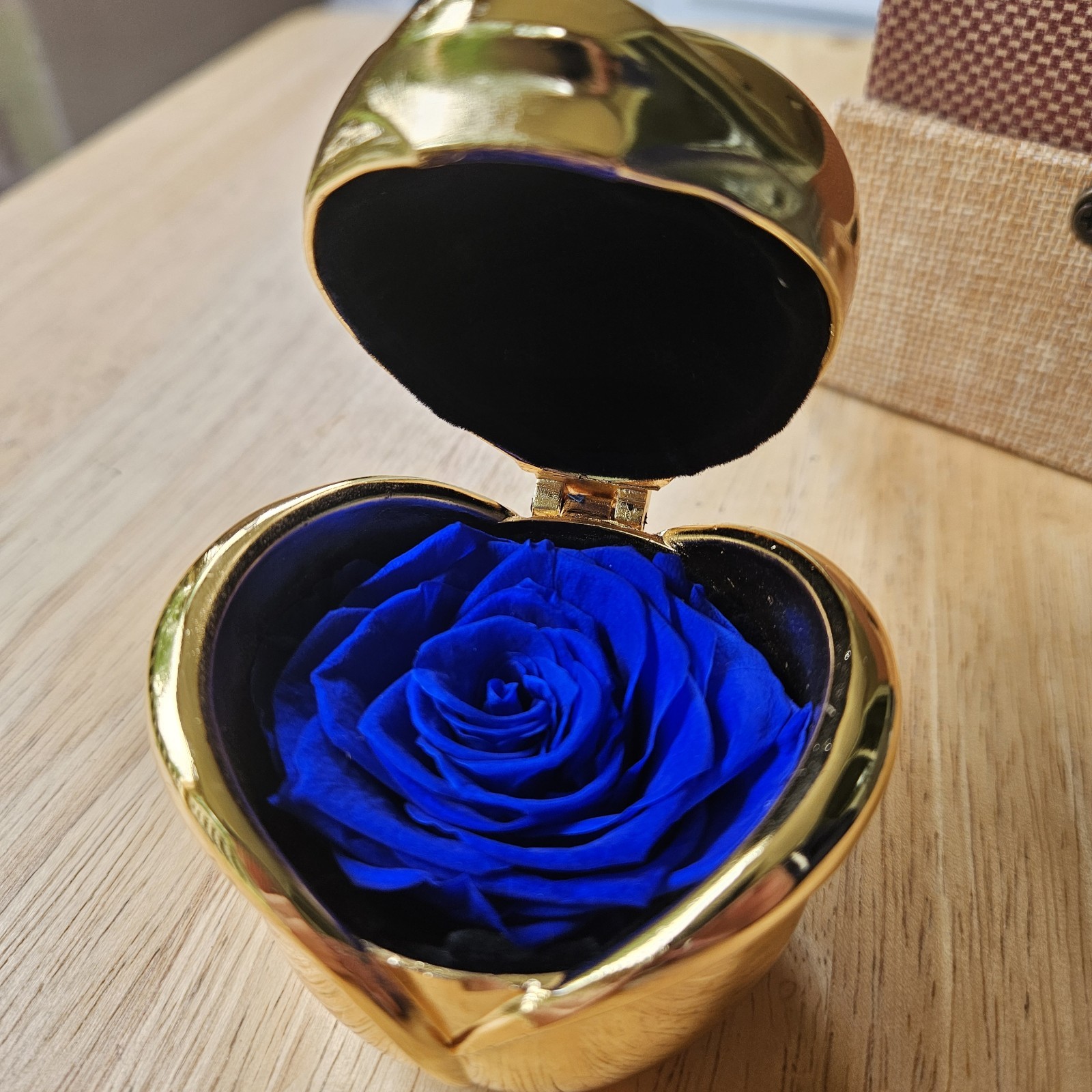 Handmade Preserved Blue Rose in Gold Tone Case Inside A Velvet-Lined Box