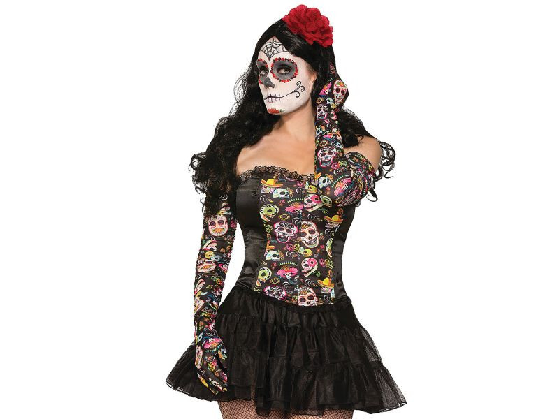 Day Of The Dead Gloves Costume Sugar Skull Día de Muertos Skull Print Halloween