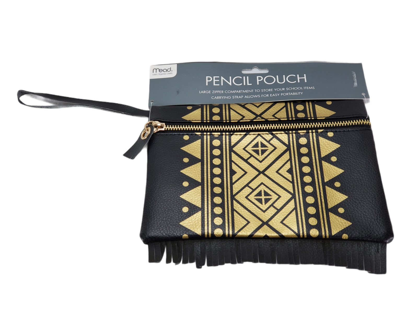 Mead Glam Metal Faux Leather Metallic Gold Zippered Pencil Pouch with Strap