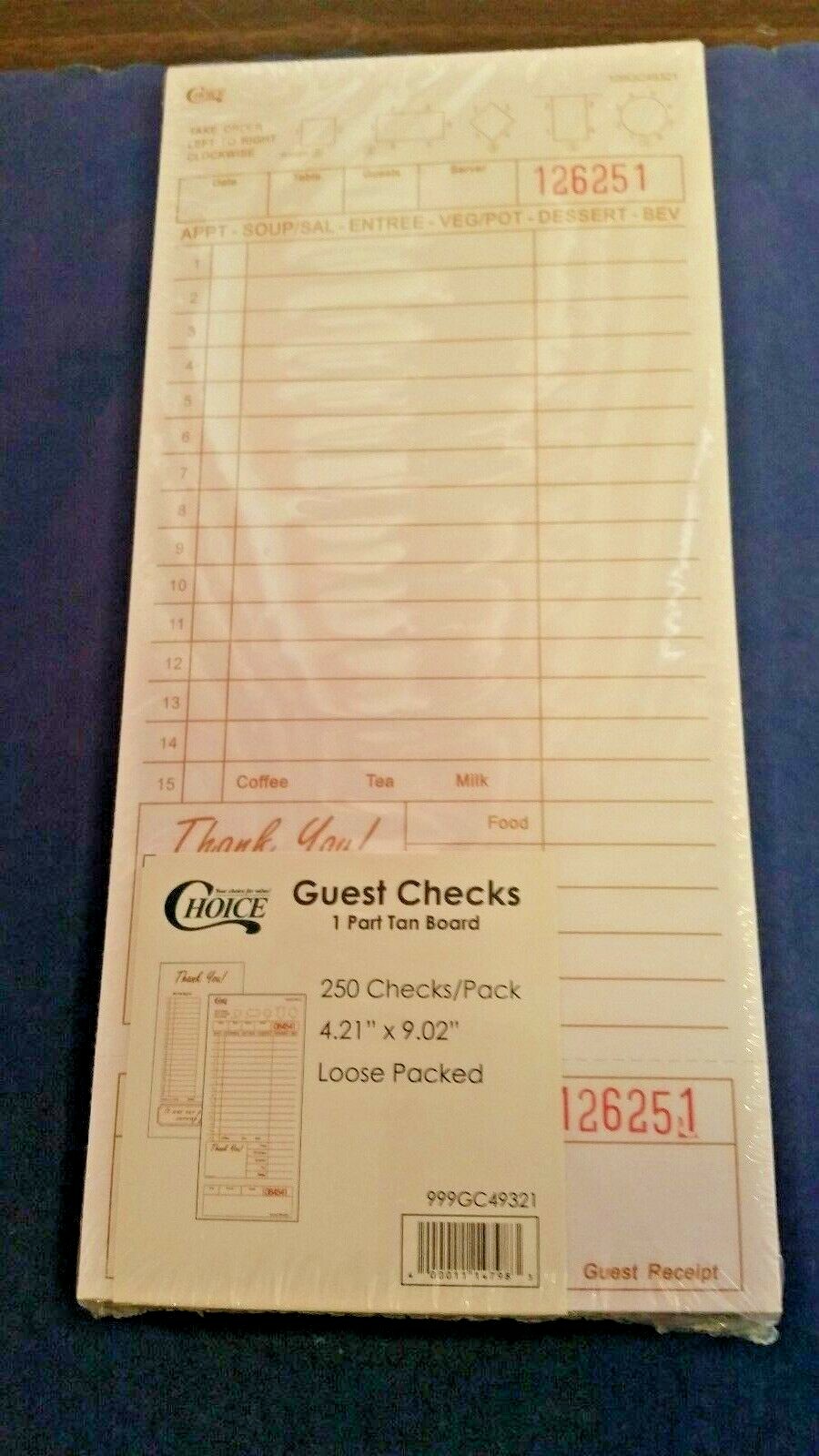 (250 LOOSE CHECKS) TAN RESTAURANT GUEST CHECKS 4 1/4"x 9" 1-PART 15 LINES #49321