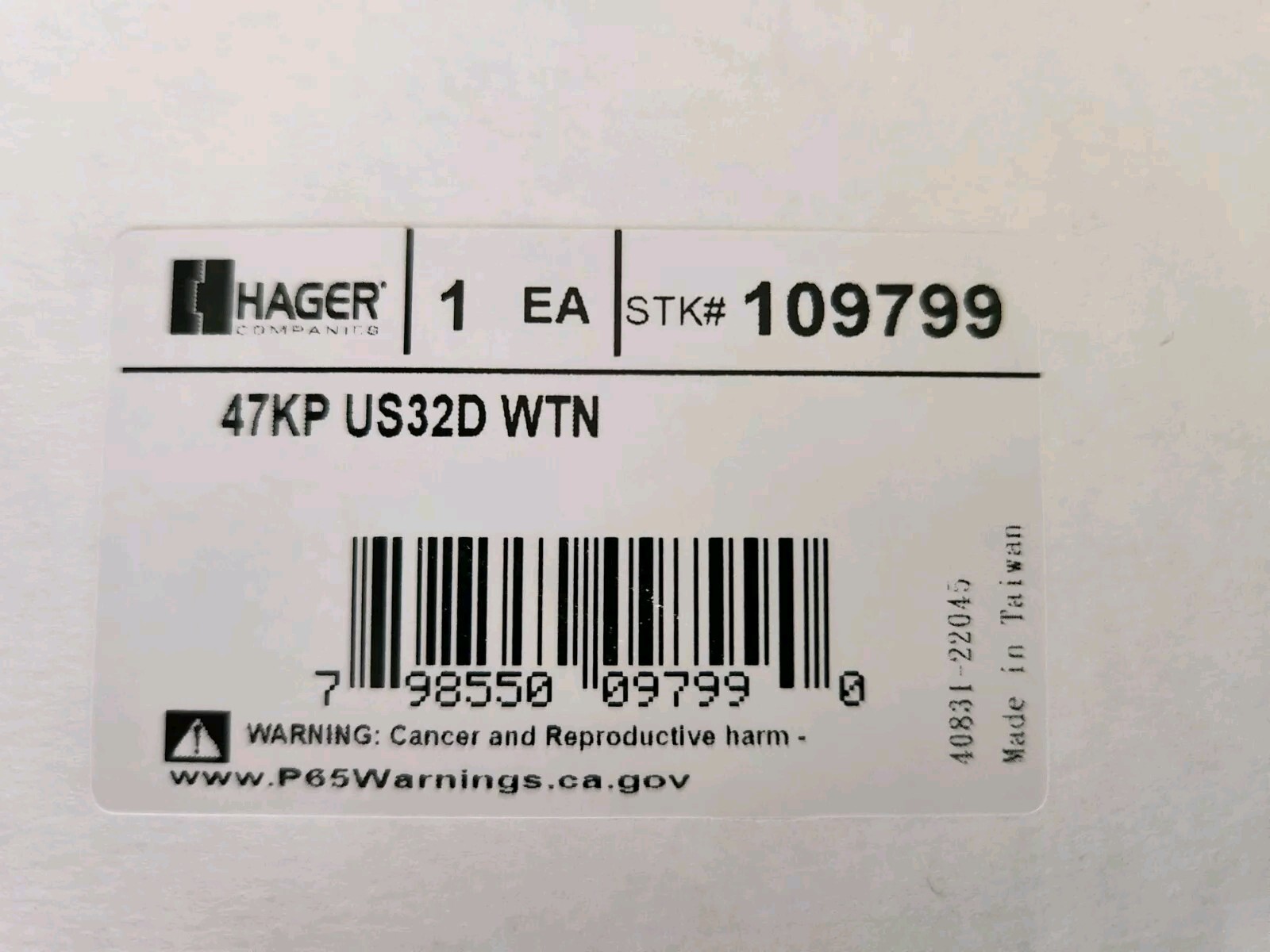 Hager 47KP Exit Device Lever-Passage Withnell Lever US32D #109799