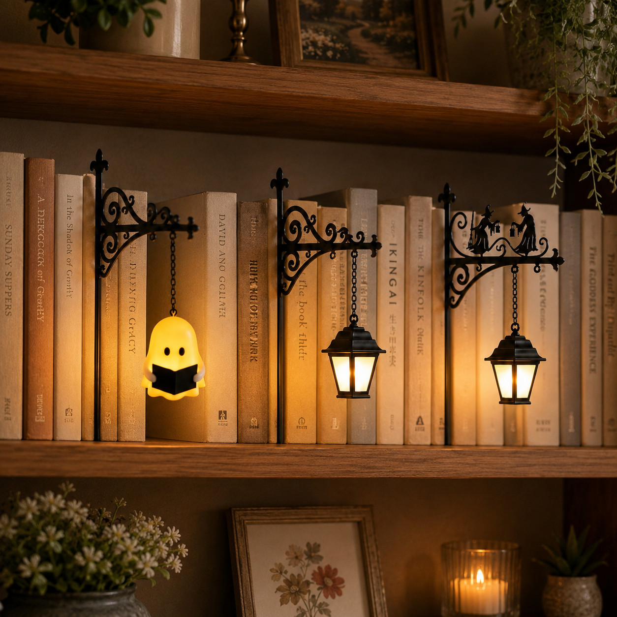 Spooky Boo Halloween Bookend Lamp Hanging Ghost Pumpkin Bookshelf Decor Gift