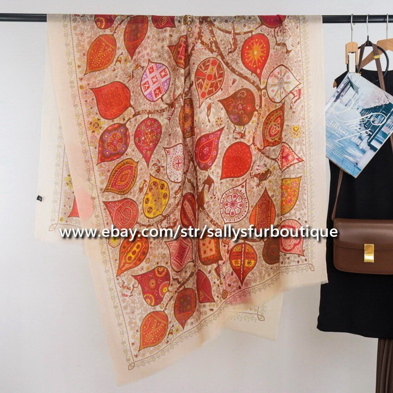 Sallys 200s Cashmere Thin Scarf Wrap Shawl Leaves Print Soft Delicate 78"*39"