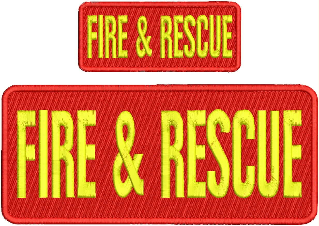 Fire & Rescue 2 EMB Patches 4X10 &2X5'' Velcr@ On Back Yellow On Red