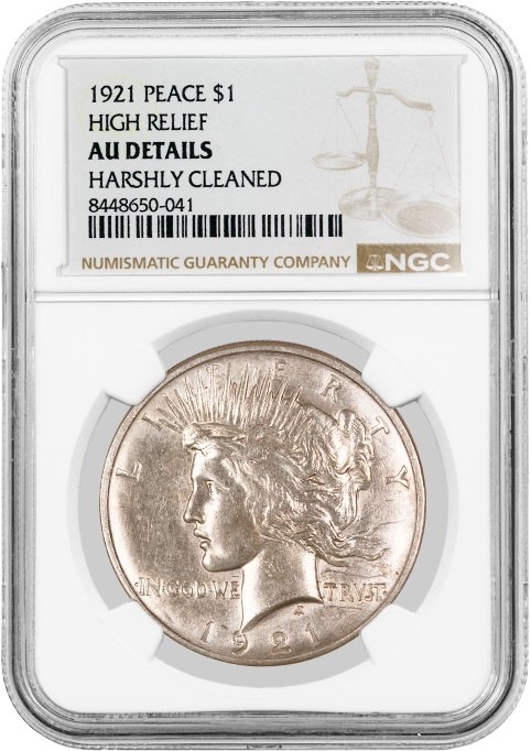 1921 High Relief $1 Silver Peace Dollar NGC AU Details Harshly Cleaned #041