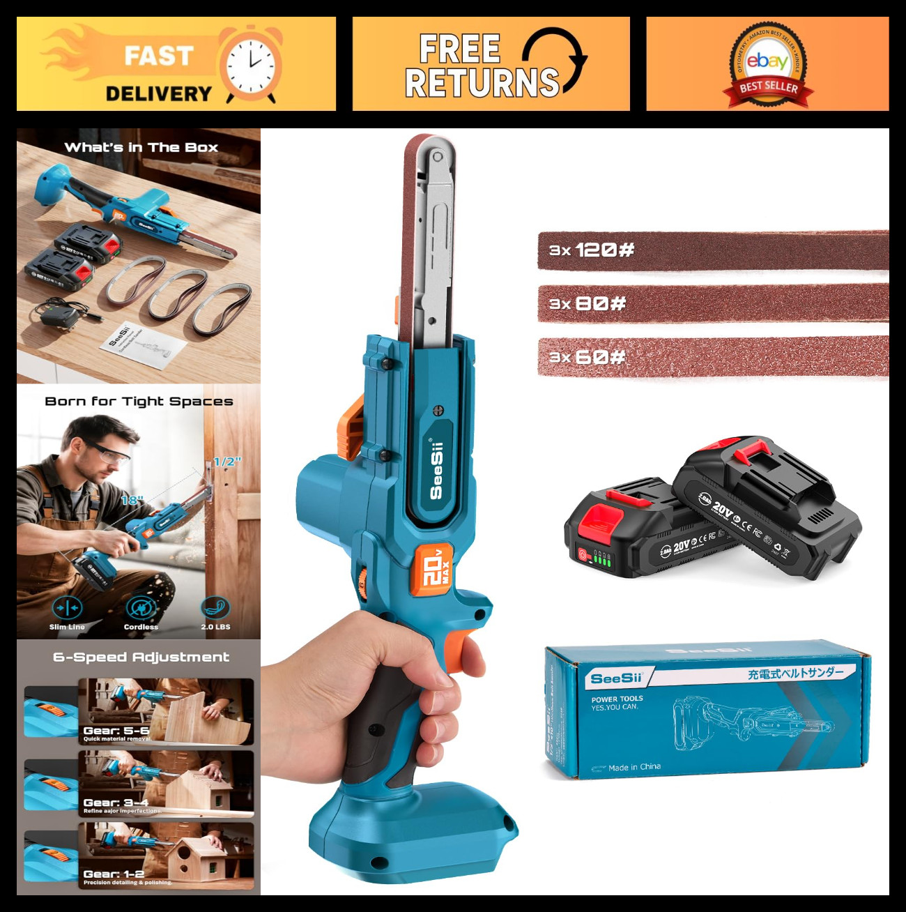 Handheld Belt Sander 1/2" x 18", 6 Speeds, 1700 FT/Min, 2 Batteries & Charger, M