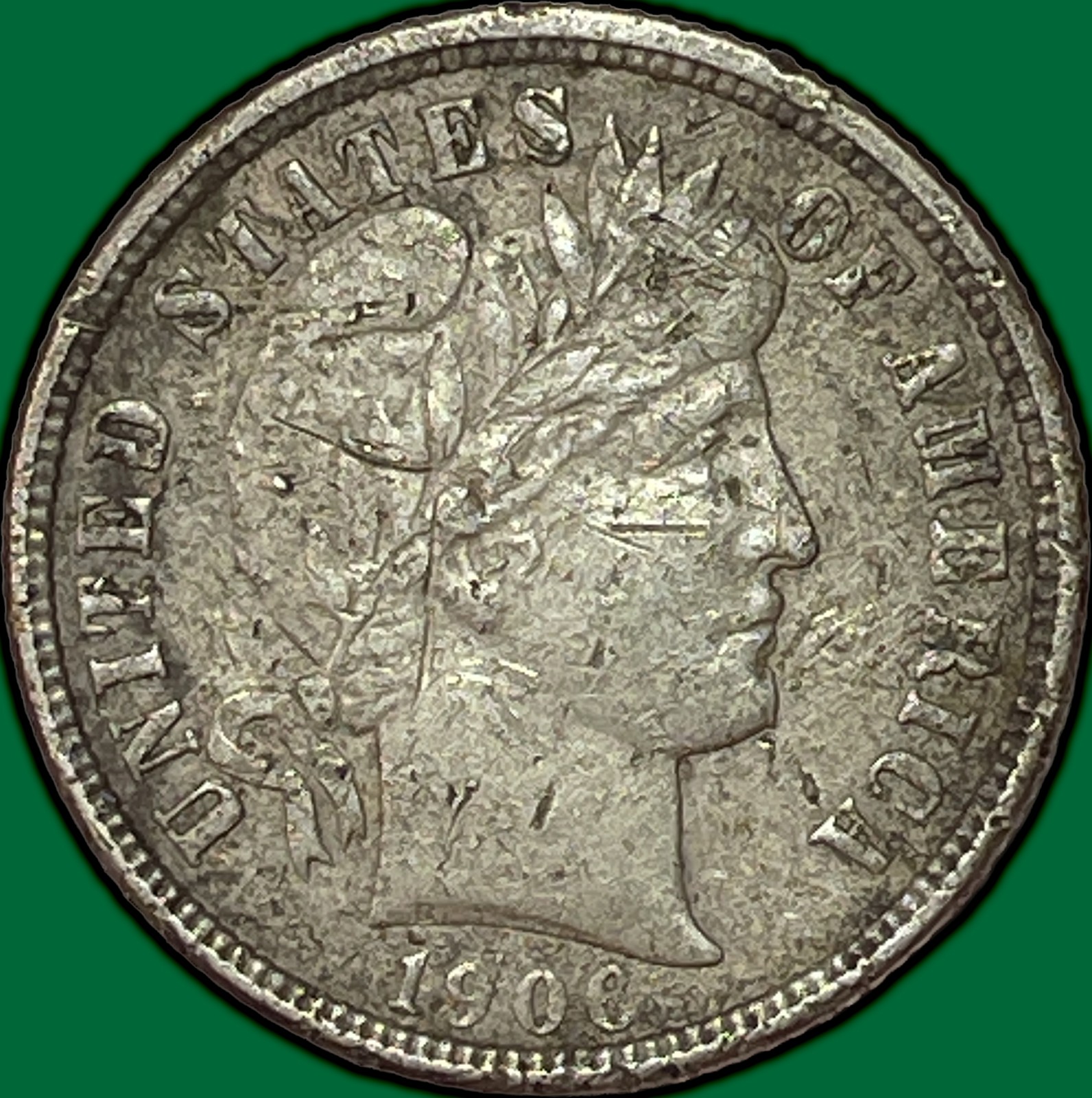 1906-D Barber Dime Almost Uncirculated AU Coin, Very Rough #43882