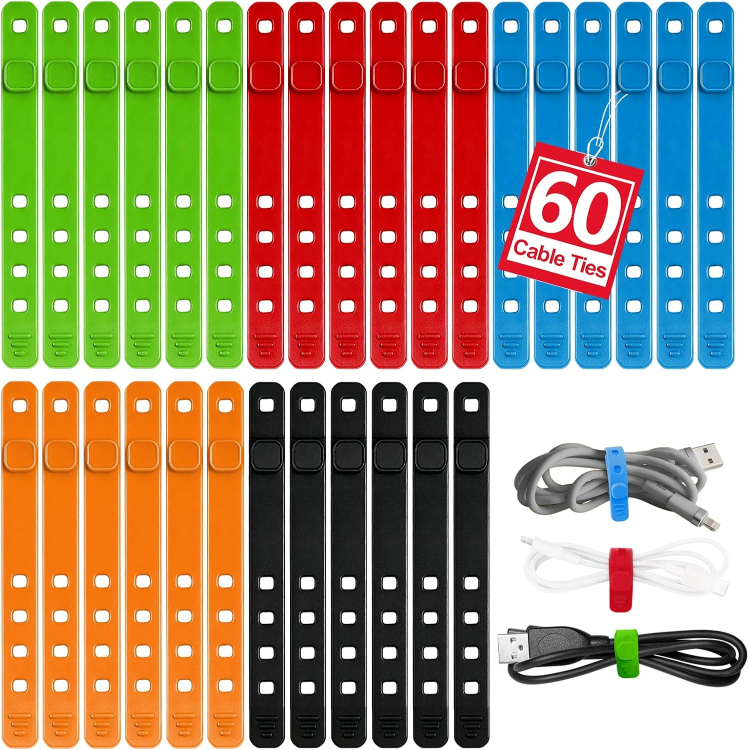 60Pcs Silicone Cable Ties, 5-Colors Reusable Cord Organizer for Phone Charger &