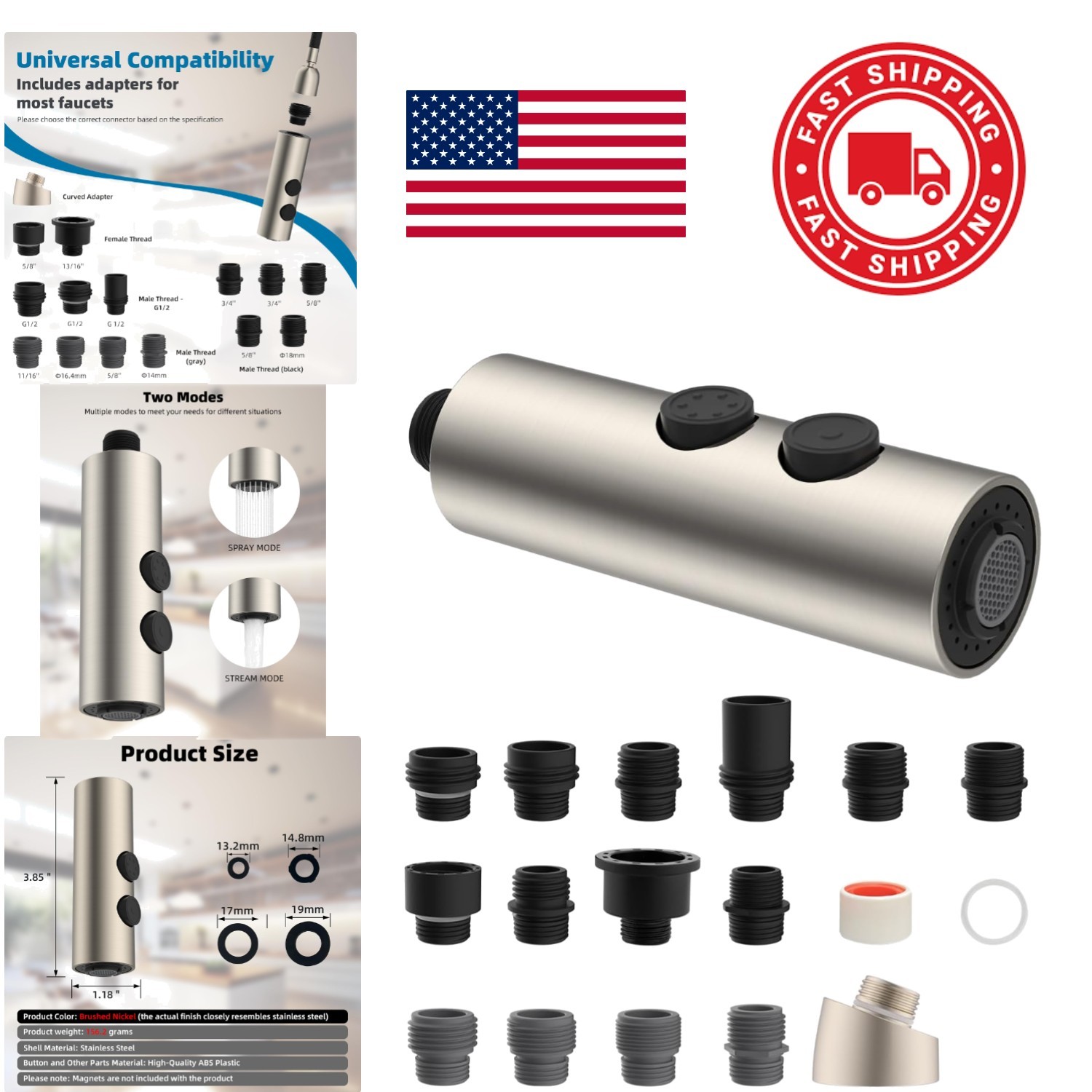 Metal Pull Down Kitchen Faucet Head Replacement with 15 Adapters Brushed Nickel
