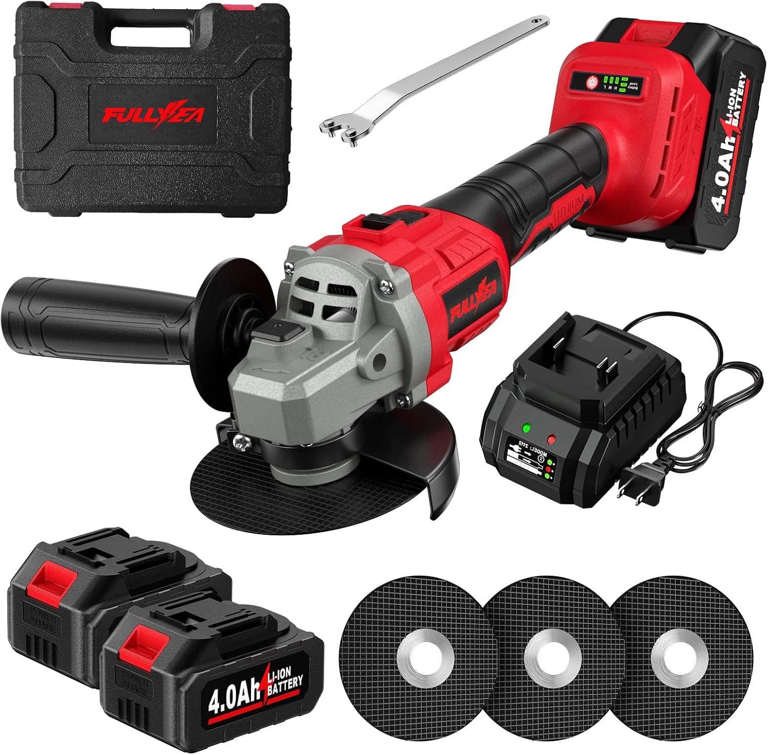 FULLYEA, 4-1/2 In, Cordless Angle Grinder Kit (Brushless) w/ 2 Batts (4.0Ah)