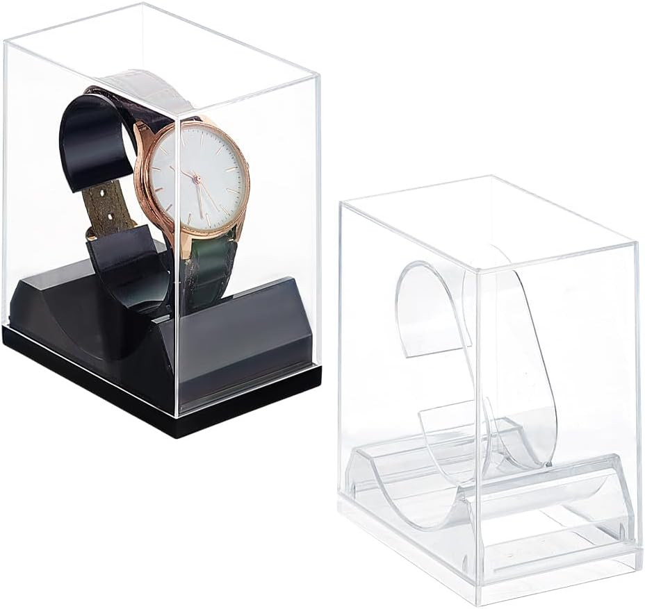2pcs Acrylic Watch Display Stand Box Single Watch Holder Case Clear Black
