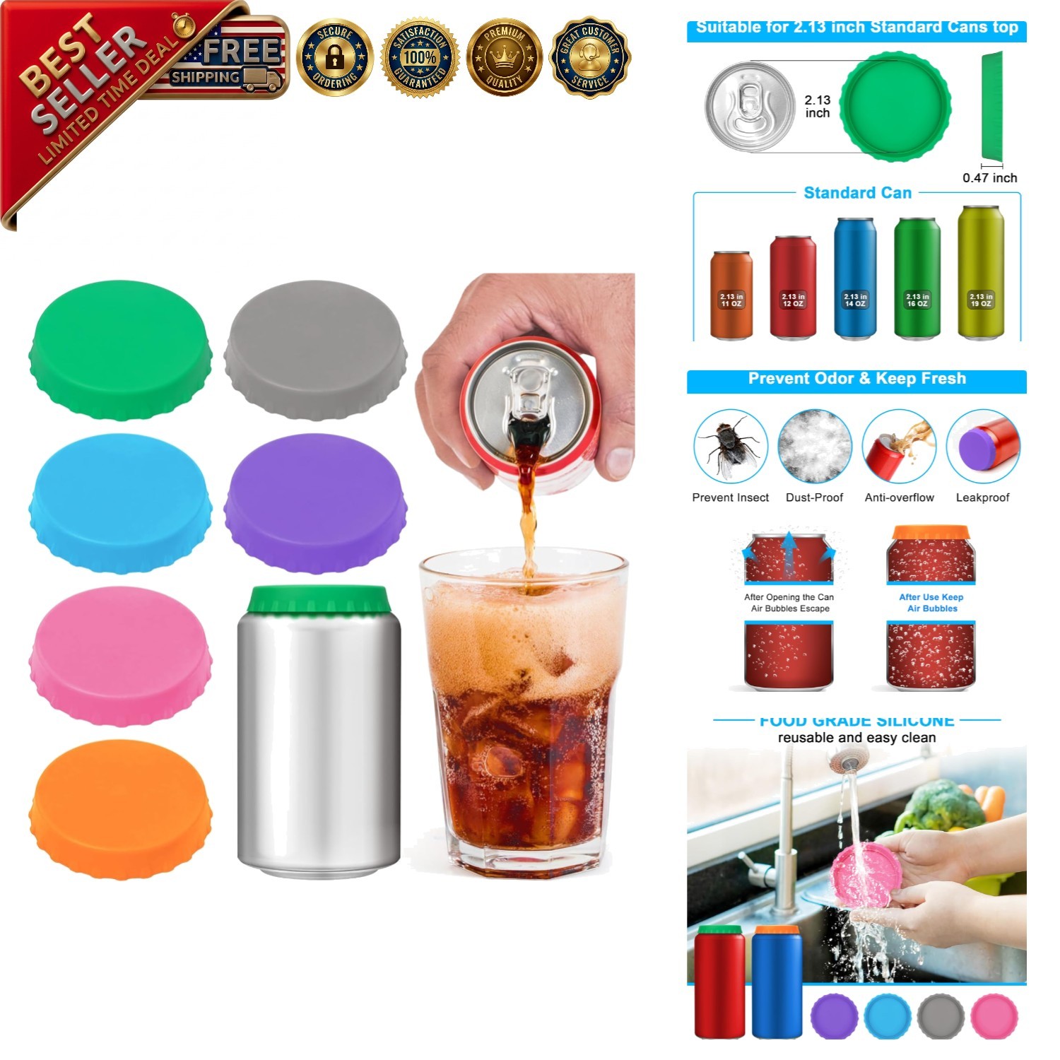 Reusable 6 Pack Silicone Can Lids - Keep Beverages Fresh, Colorful & Convenient