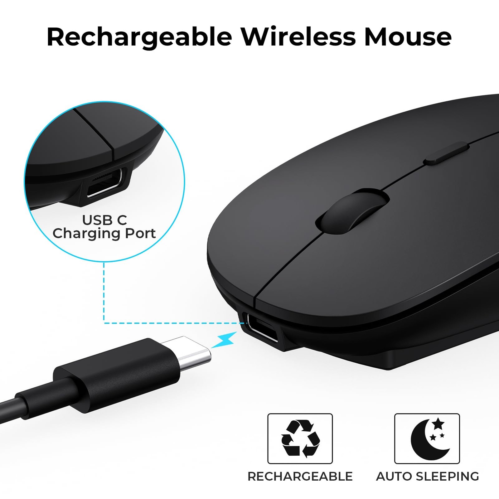 Black Rechargeable USB C Mouse Type C Wireless Mice Portable Optical Quiet Click