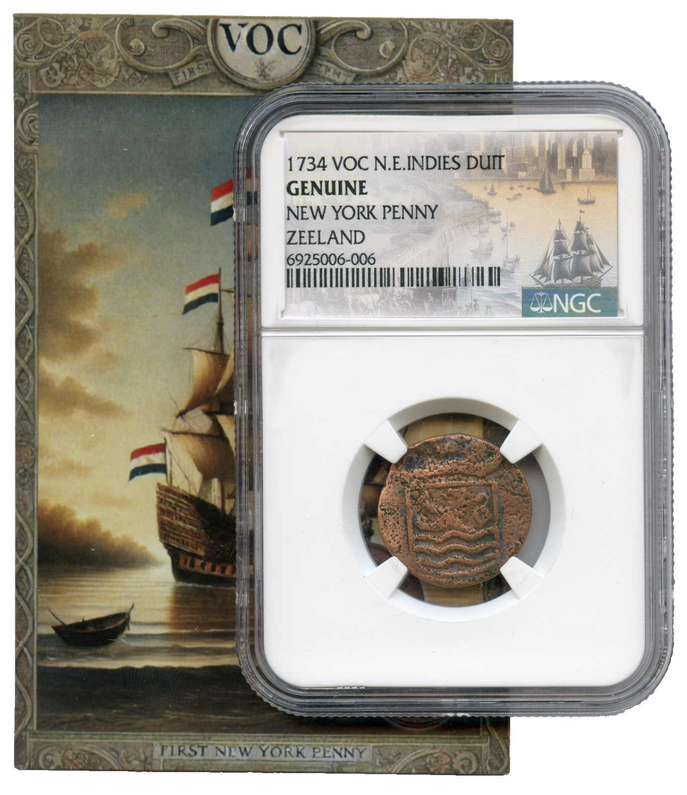 1734-1786 First New York Penny NGC Genuine NE Indies VOC Duit Zeeland Coin JR200