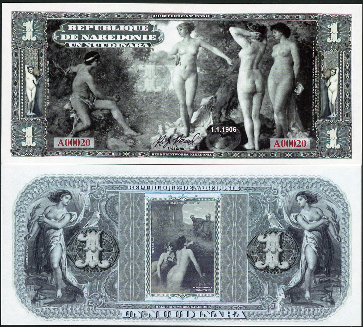 REPUBLIQUE DE NAKEDONIE 1 NUUDINARA BEAUTIFUL NUDE LADIES FANTASY ART BANKNOTE!