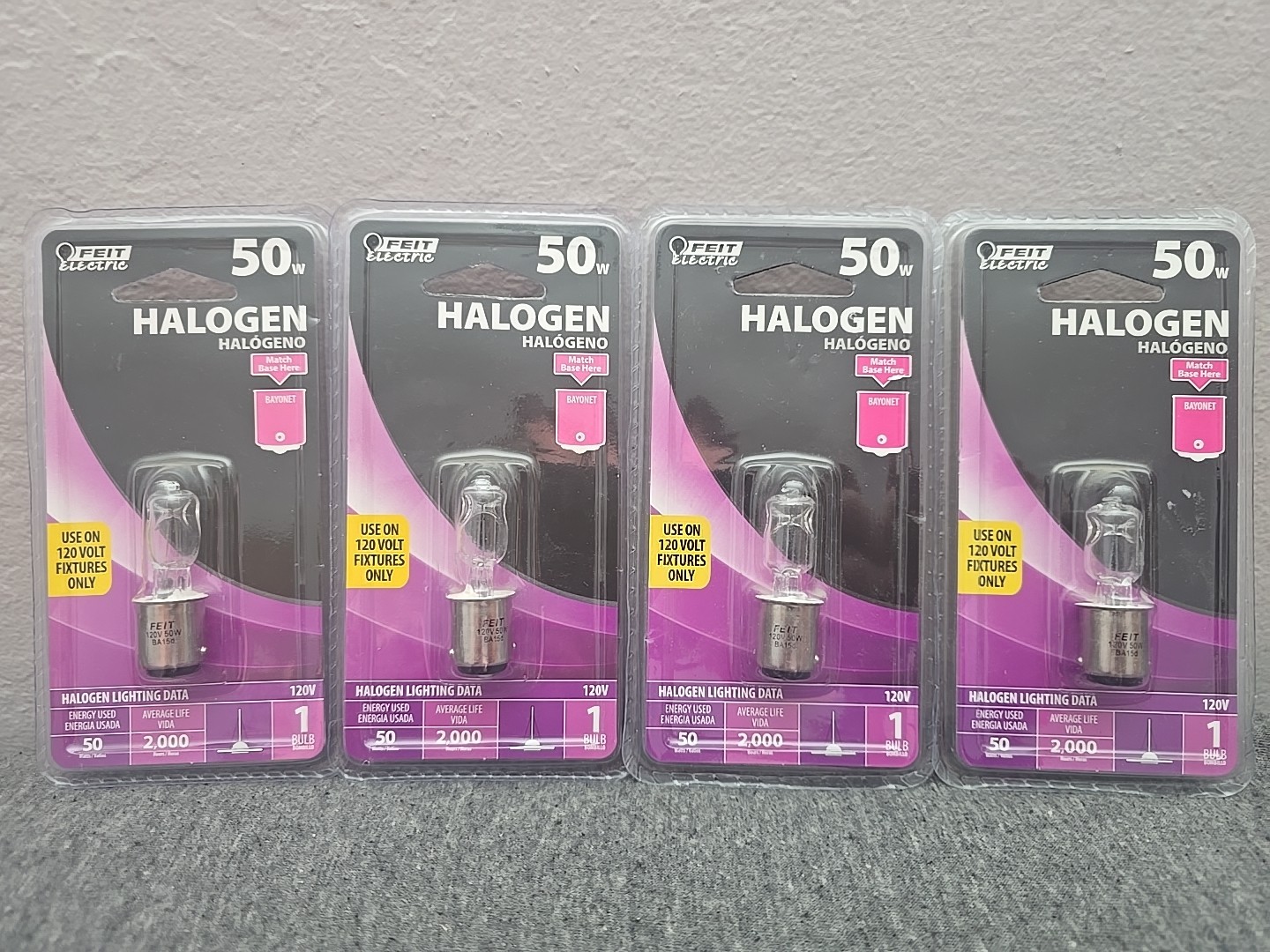 Lot Of 4 Feit Electric Halogen BA15d 50W 120V Bayonet Base Bulbs New Sealed