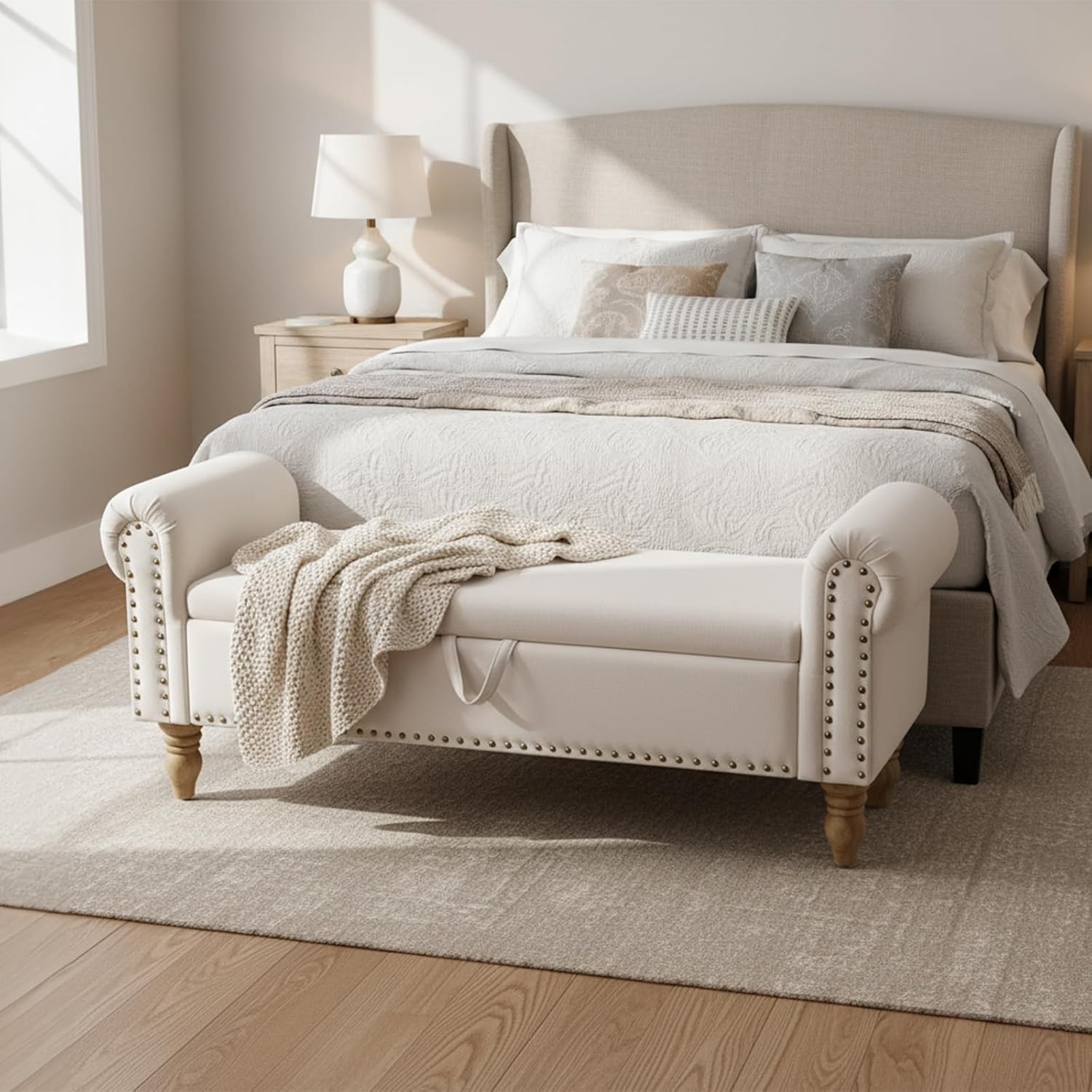 55" Linen Storage Bench Queen End of Bed Off-White Linen Upholstered