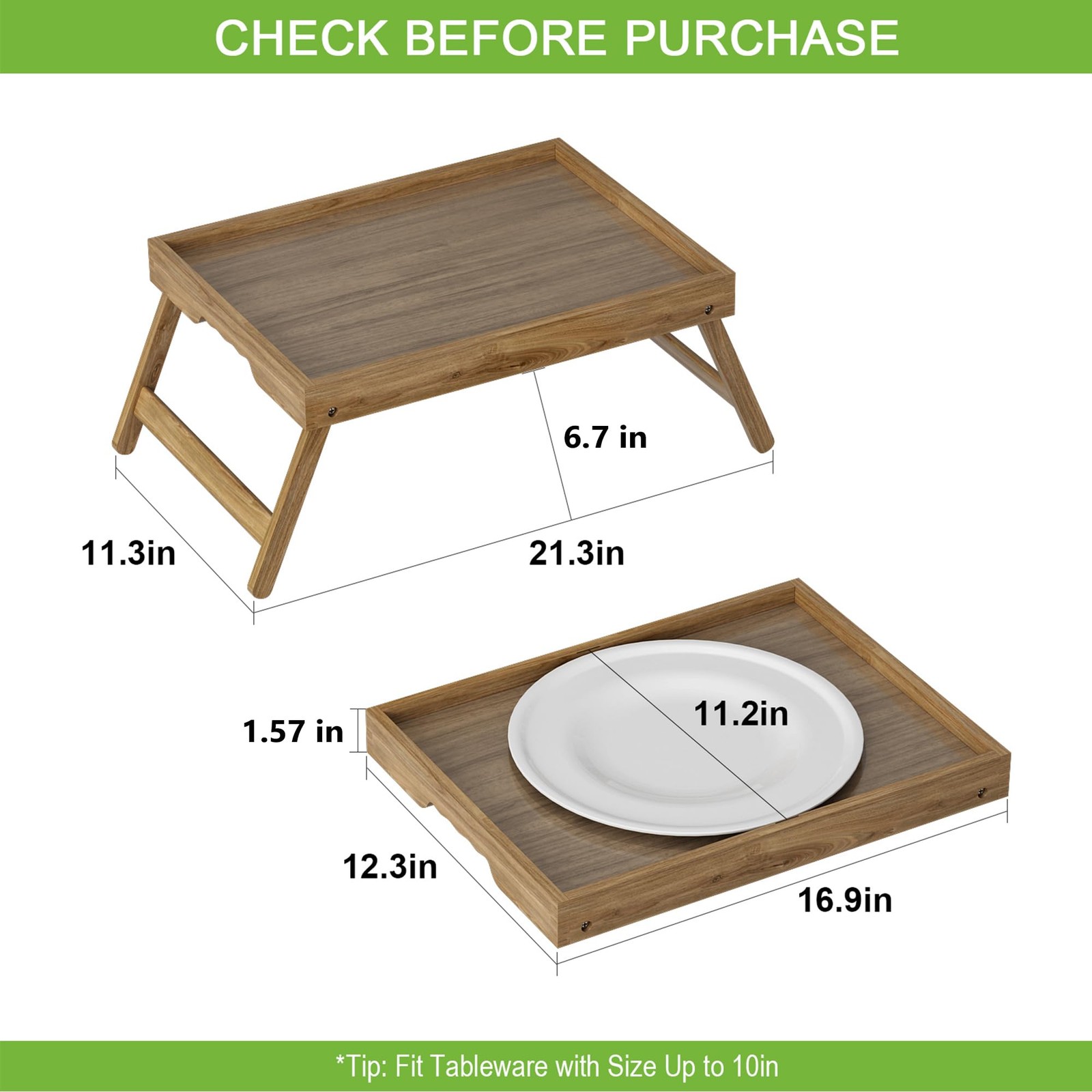 Bed Tray Table, Breakfast Food Tray in Bed with Folding Legs for TV Table, So...