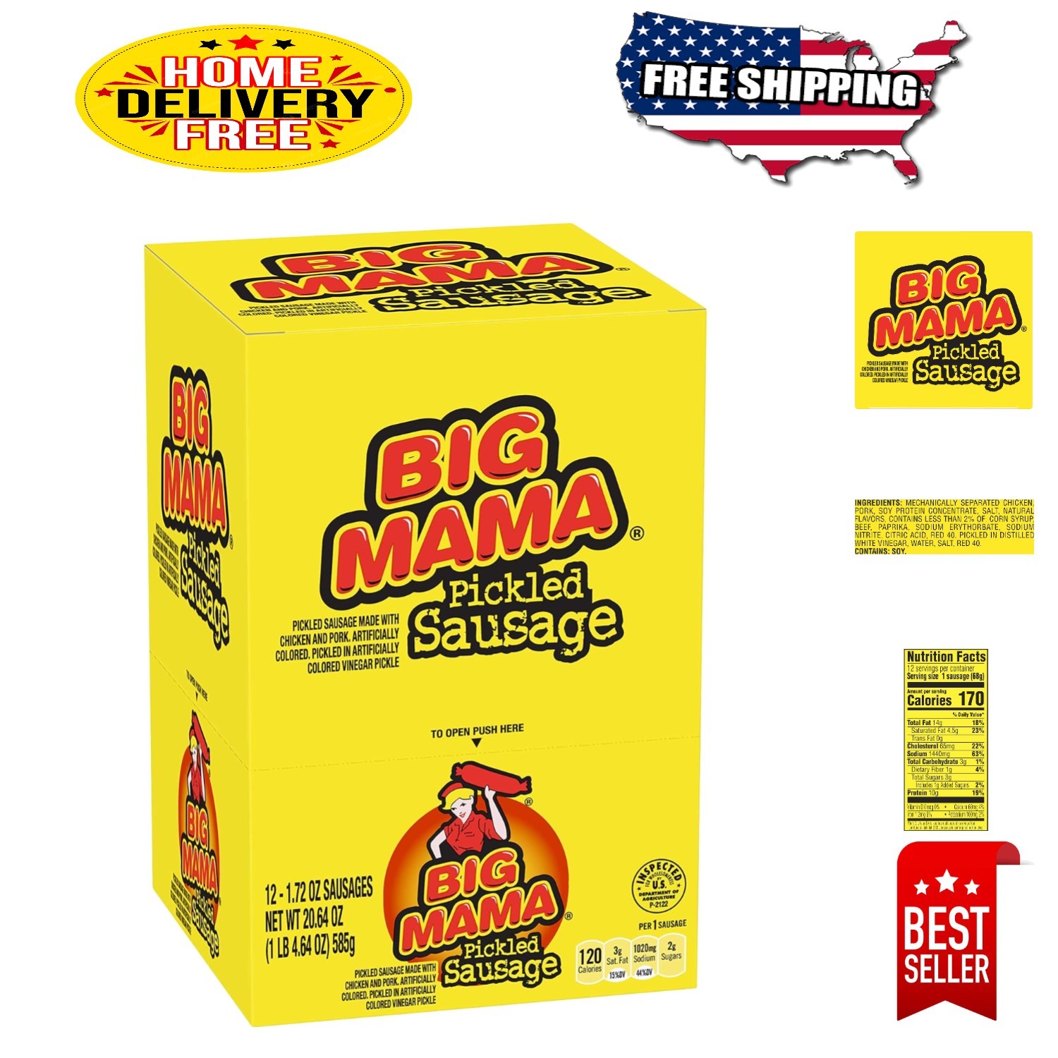 Delicious 12 Pack of Big Mama Pickled Sausages - High Protein, Guilt-Free Snack
