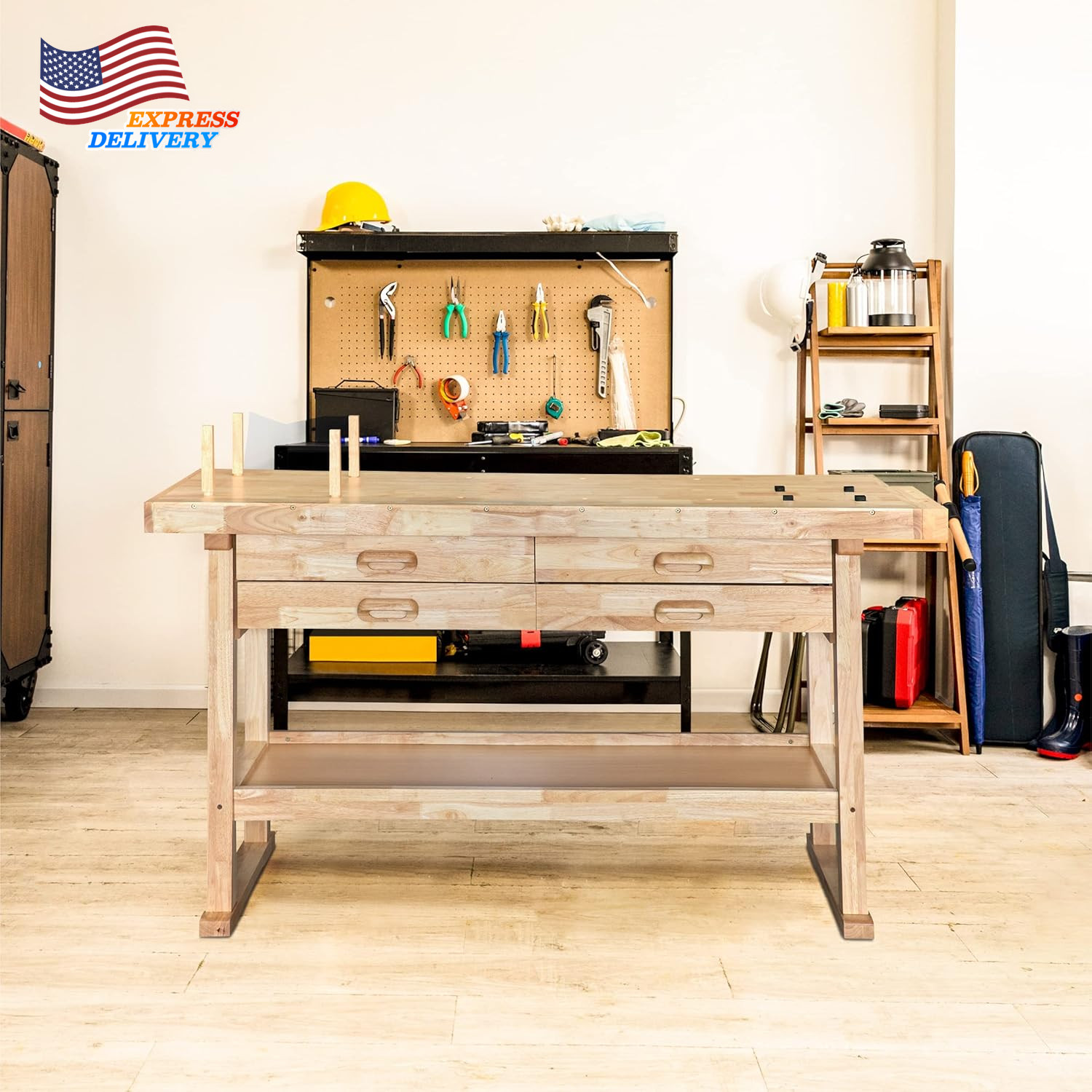 60" Rubber Hardwood Workbench with 4-Drawers 450Lbs Load for Garage Workshop