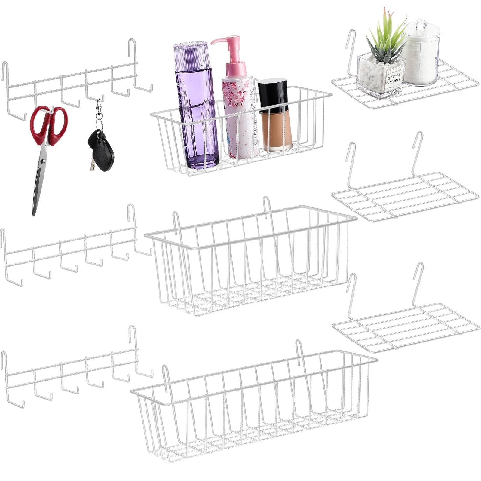 9 Pcs Wall Grid Hanging Basket Shelf Hooks Set Includes 3 Basket 3 Wire Strai...