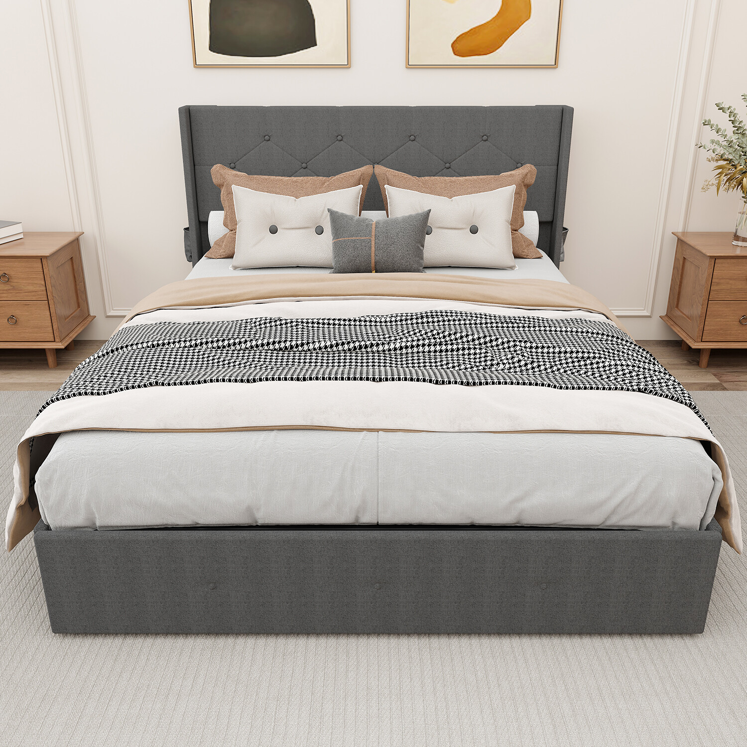 Queen Size Platform Bed Frame w/ Headboard & USB Ports and Storage Dark Gray