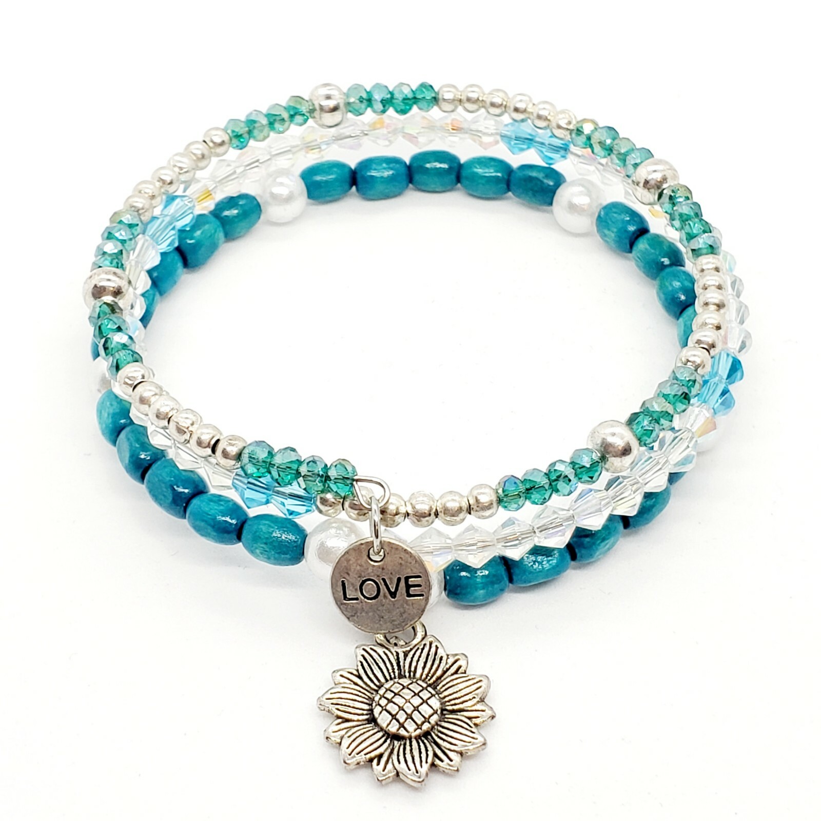 Handmade 3 Tiered Teal Sunflower Wrap Around Bracelet