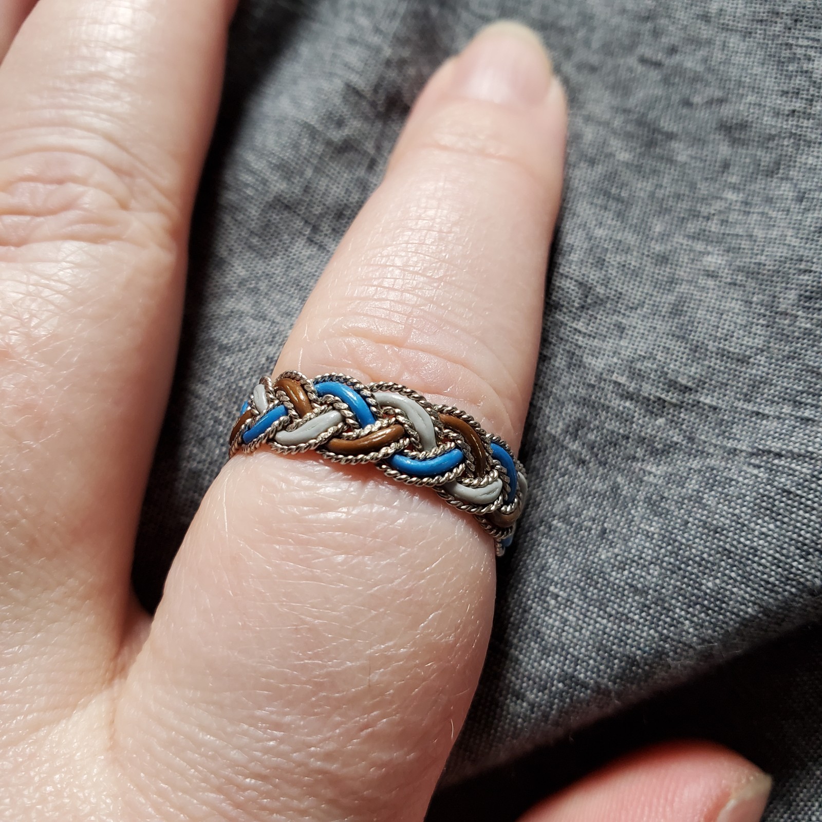 Handmade Upcycled Wire Ring, size 9.5 blue brown gray and silver