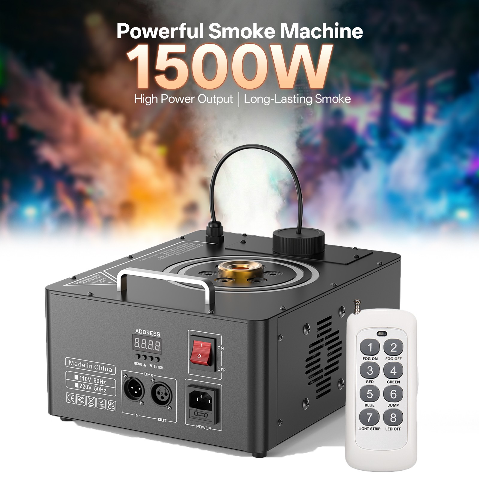 1500W 3000CFM Fog Machine RGB LED Smoke Machine DMX512 7CH Remote for Stage DJ
