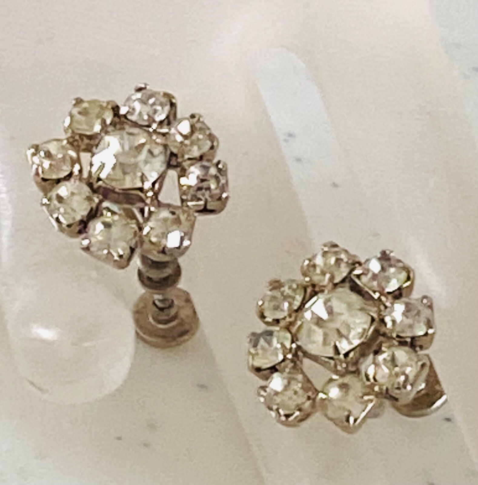 Antique Clear Prong Set Rhinestone Round Screw Back Earrings