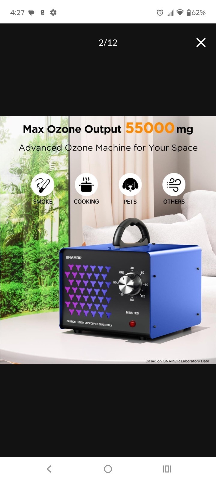 ONAMOR Ozone Generator Air Purifier 55000mg, 6000 sq ft, LED Indicator, Portable