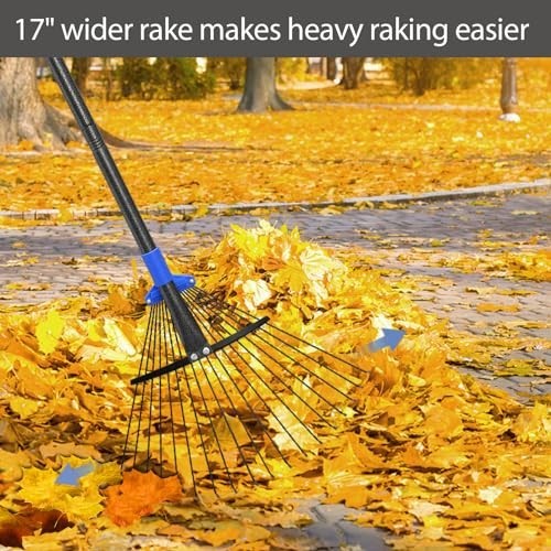 Adjustable Metal Leaf Rake with Long Handle - Heavy Duty Expandable Garden Rake