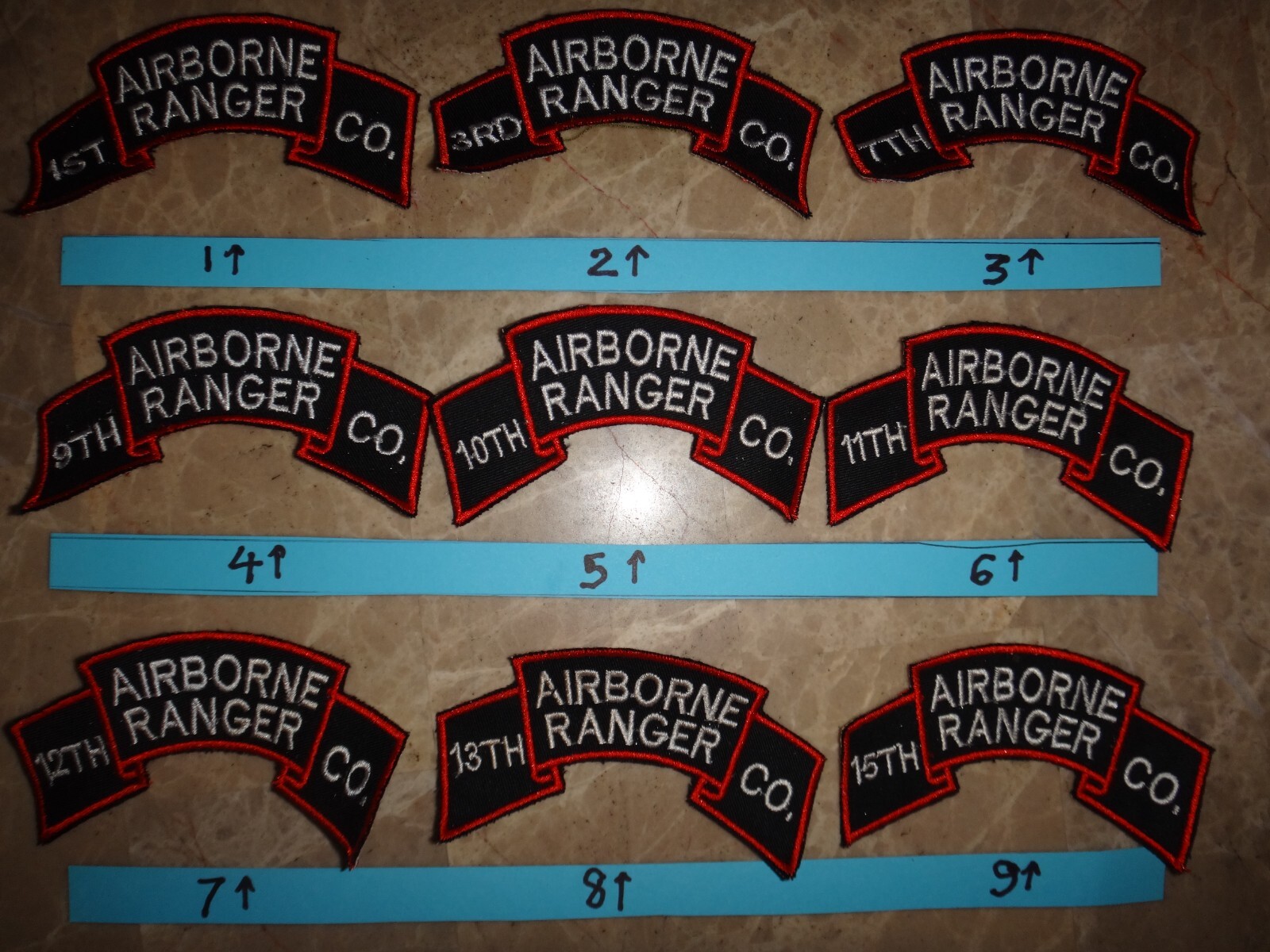 9 US AIRBORNE RANGER Company Patches @ $10/each scroll