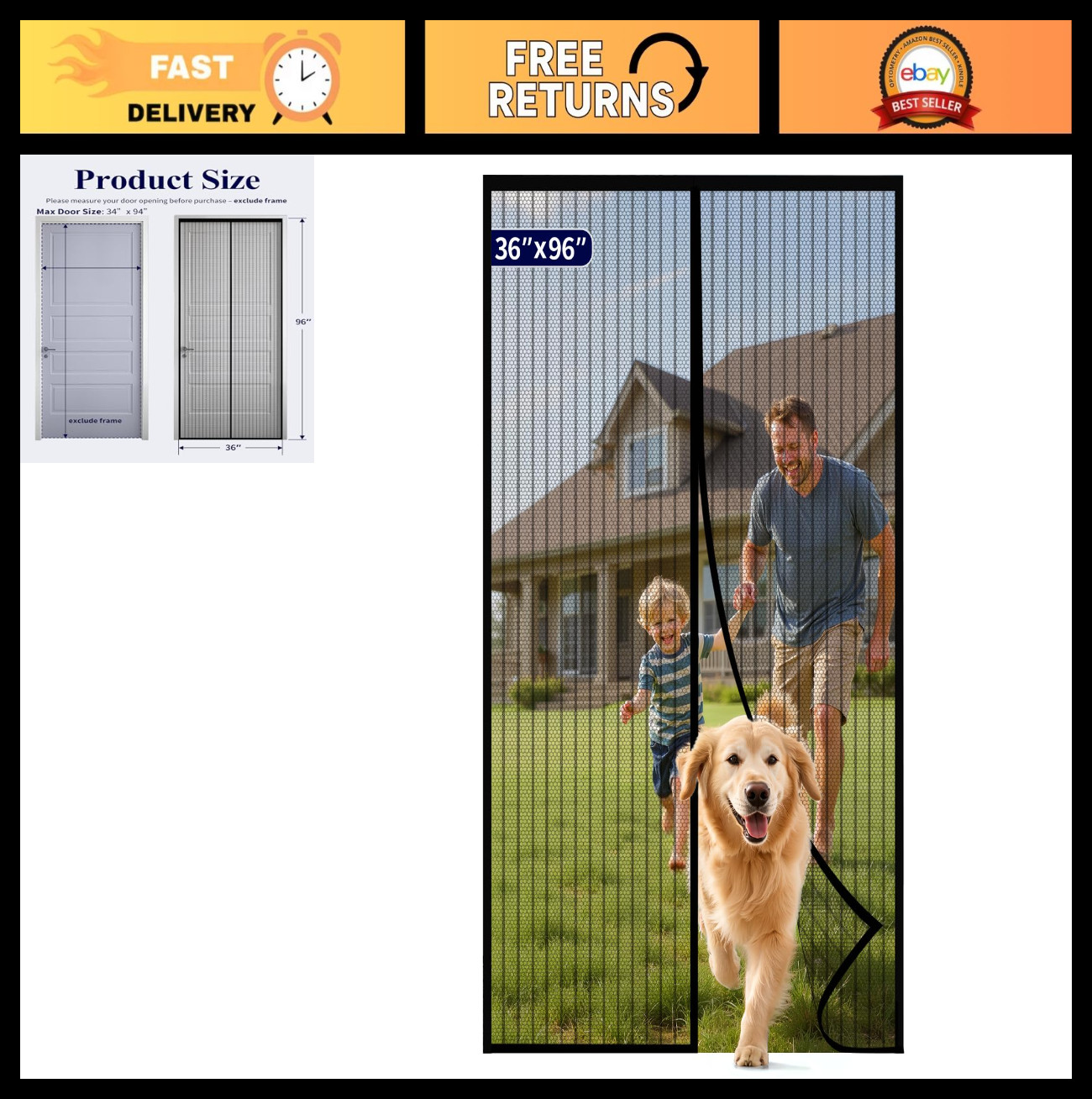 Retractable Magnetic Screen Door 36"x96" - Pet & Kid Friendly, Hands-Free, Bug B