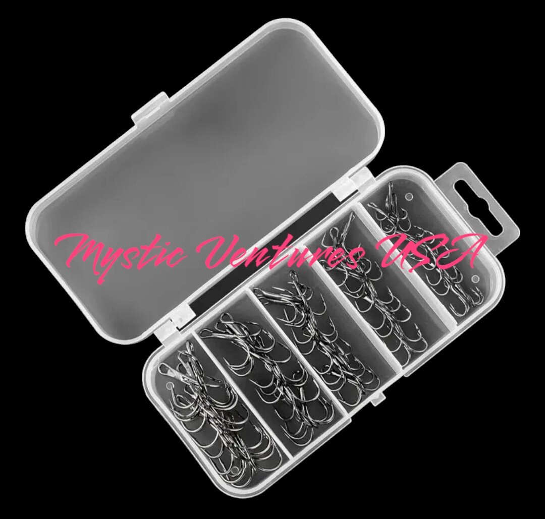 50pcs Black Nickel Treble Fishing Hooks High Carbon Treble Hooks Sharp With Box