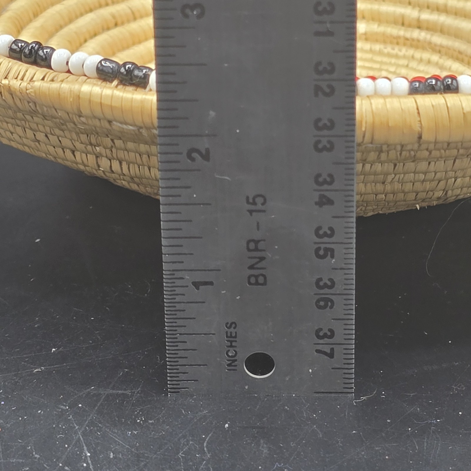 Handwoven Coil Basket with Red White Black Beaded Rim 10.5” Rustic Boho Decor