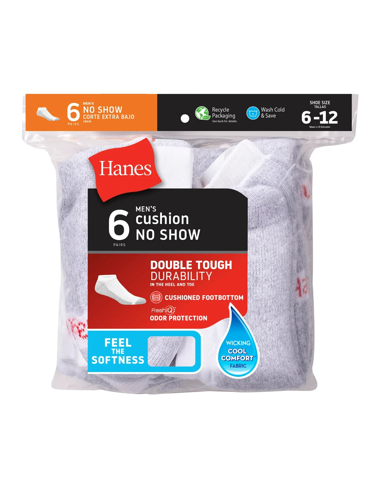 Hanes Men's 6 Pack Classics No Show Socks Sock Size:10-13/Shoe Size:6-12 White