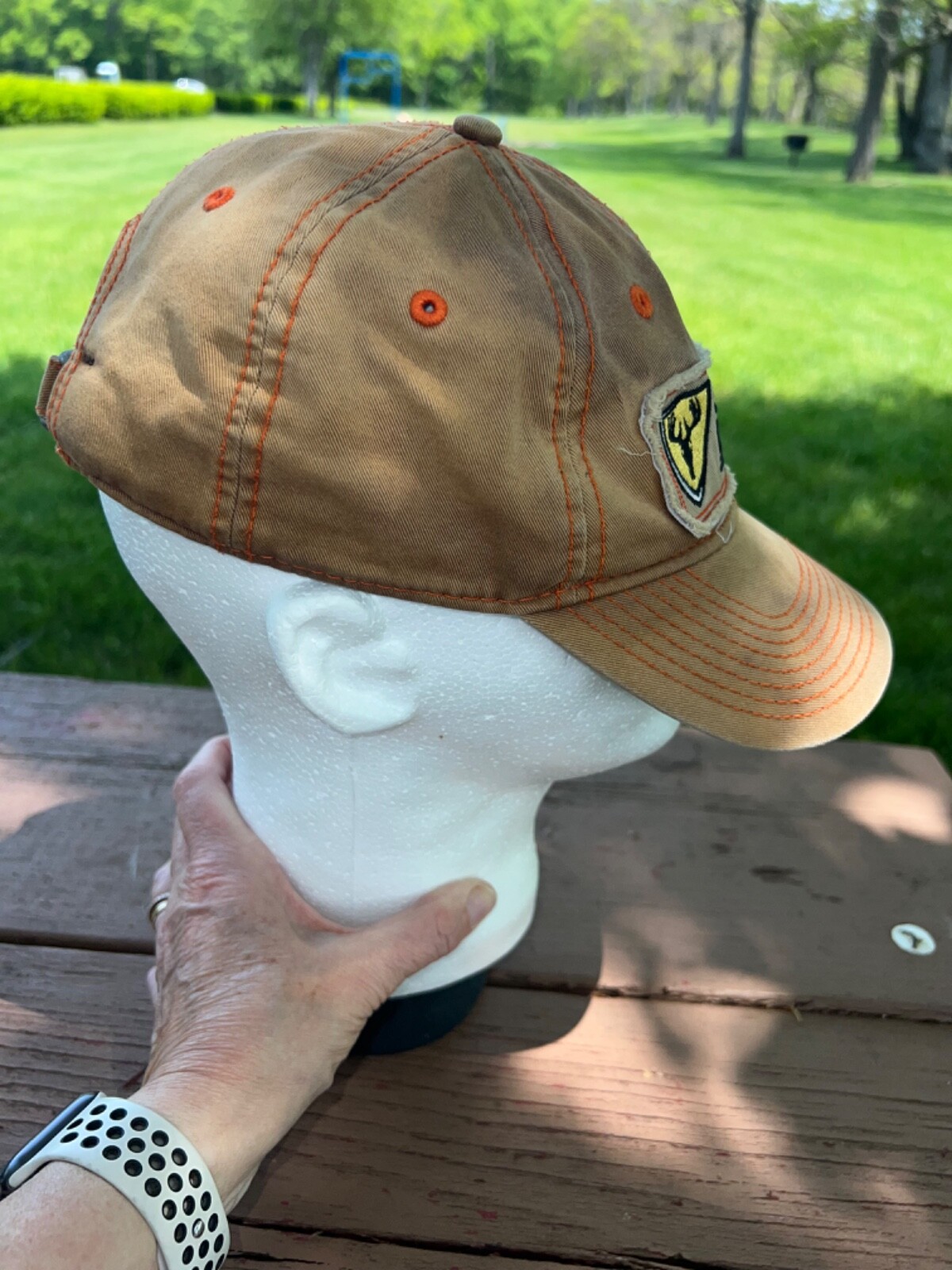 Scent Blocker Logo Patch Gold/Orange Hat Cap Strap Buckle Distressed Good Cond.